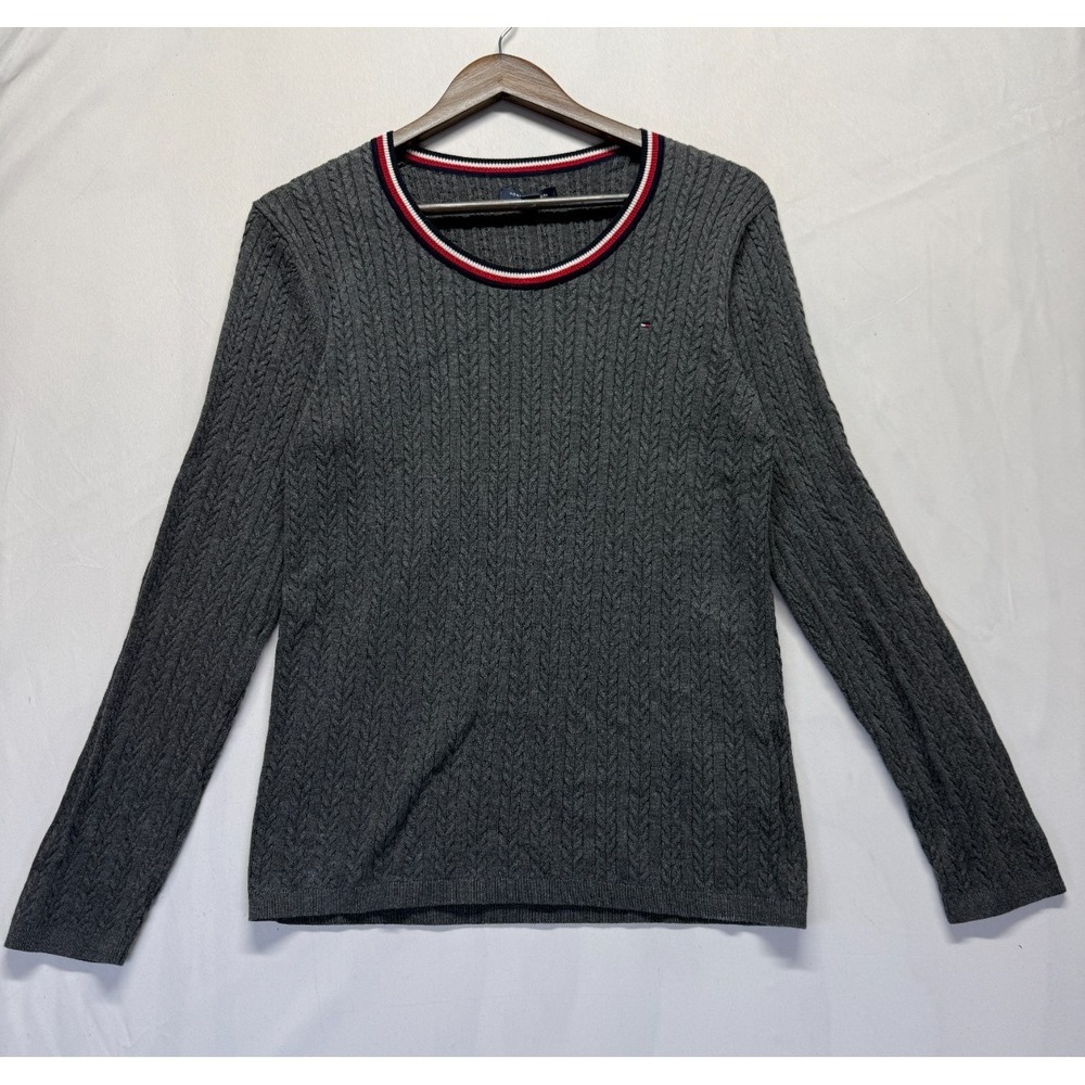 Tommy Hilfiger Essential Sweater Womens L Charcoal Gray Cable Knit Scoop Neck